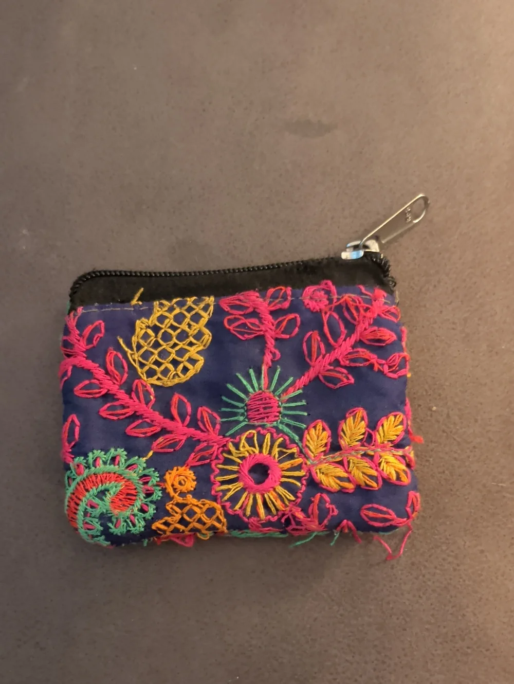 Embroidered Navy Floral Coin Pouch - Multicolor Stitching